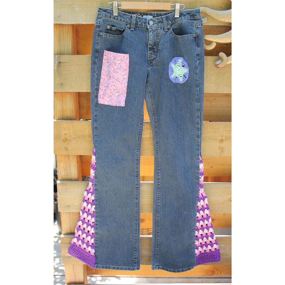 Patchwork Upcycled Jeans- Wide Leg Crochet Denim